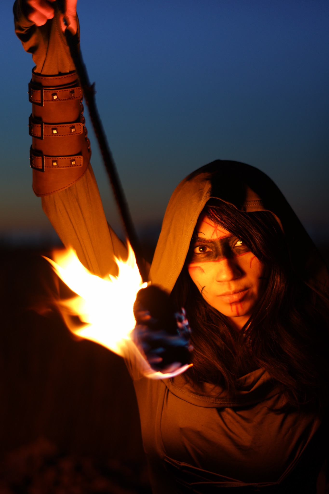 Fire performance portrait at dusk